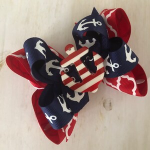 Nautical Hair Bow with Red Anchor Red and Navy Anchor Bow Patriotic Bow July 4th Bow Red Quatrefoil and Navy Bow Red White and Blue Bow