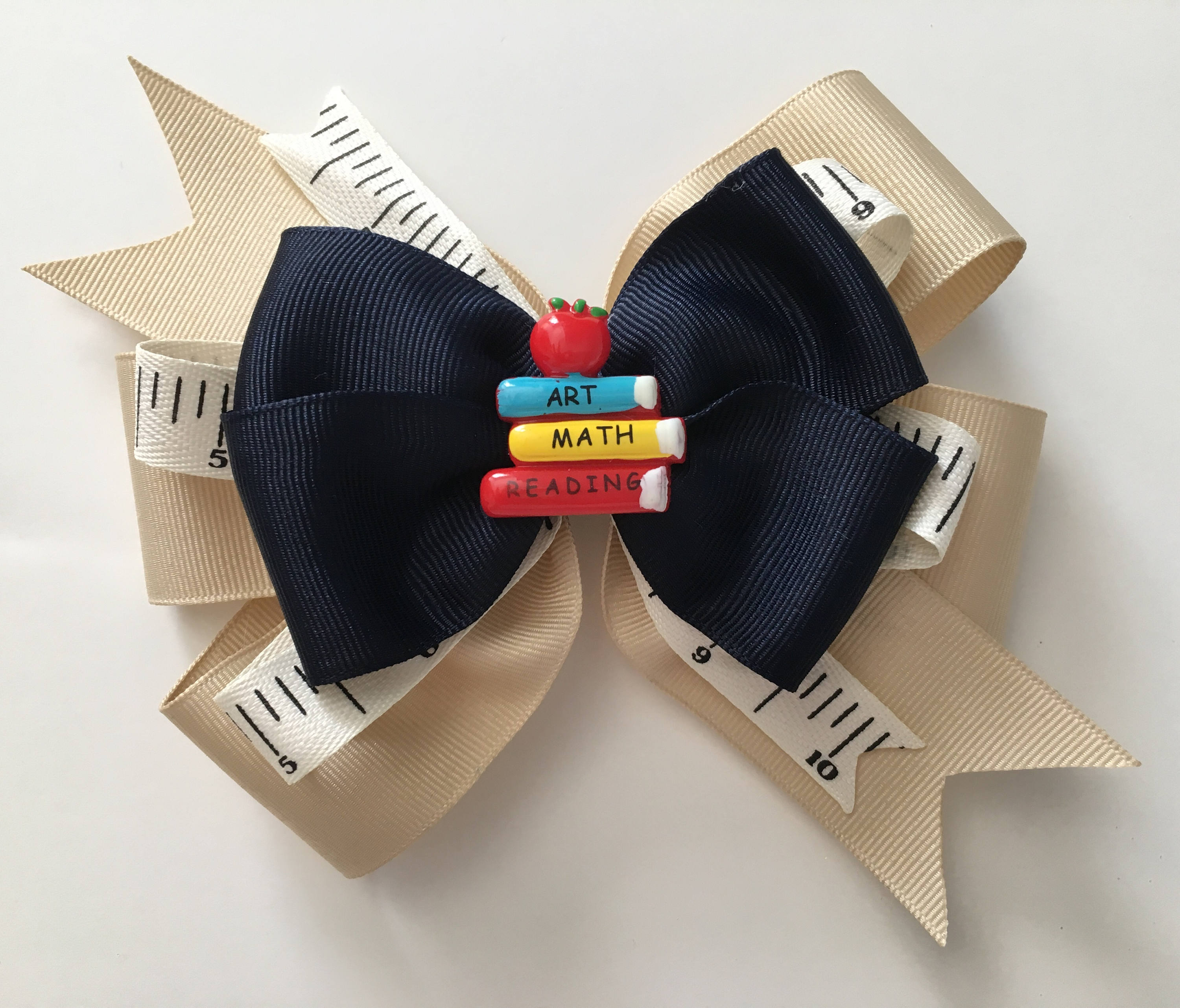 Back to School Bow Khaki and Navy School Bow with Ruler Ribbon Light Khaki and Navy Bow with Book Resin in Center First Day of School Bow