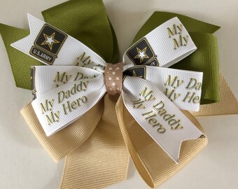 US Army Hair Bow My Daddy My Hero Bow Green and Khaki Army Bow Military Bows for Little Girls Hero Bow