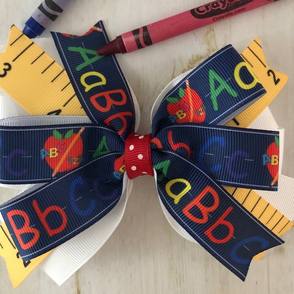 Back to School Bow ABC Hair Bow Primary Hair Bow Kindergarten Bow Ruler Ribbon Bow Blue and Yellow School Bow First Grade Bow School Bow