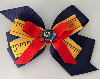 School Days Hair Bow Back to School Bow School Bus Bow Ruler Ribbon Bow Navy and Red Bow Kindergarten Hair Bow ABC Hair Bow Chalkboard Bow