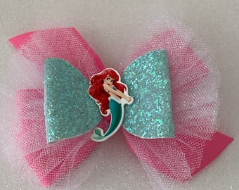 Pink Ariel Hair Bow Little Mermaid Bow Pink and Aqua Ariel Bow Princess Ariel Bow Disney Princess Bow Pink Ariel Bow with Glittery Tulle