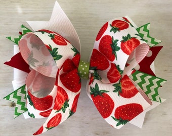 Strawberry Hair Bow Red and Green Strawberry Bow with Chevron Ribbon Polka Dot Strawberry Bow Summer Bow Spring Bow