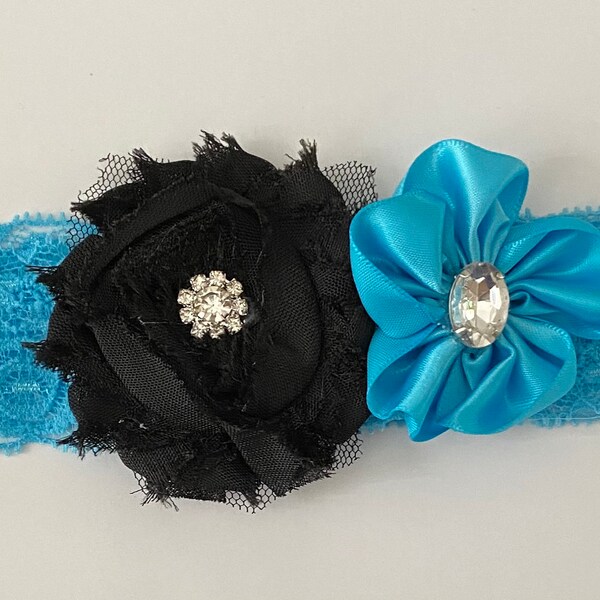 Carolina Panther Baby Head Band Carolina Panther Bow Lacy Panther Head Band Shabby Chic Panther Head Band Turquoise and Black  Head Band