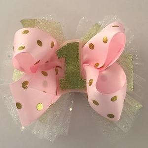 Pink and Gold Birthday Bow Pink Birthday Bow First Birthday Bow Glittery Gold Polka Dot Bow First Year Birthday Bow Birthday Headband or Bow
