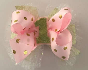 Pink and Gold Birthday Bow Pink Birthday Bow First Birthday Bow Glittery Gold Polka Dot Bow First Year Birthday Bow Birthday Headband or Bow