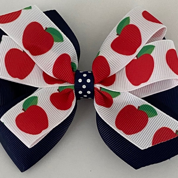 You Choose the Base Color Navy Back to School Hair Bow Navy and Red School Bow with Apple Print First Grade Bow Kindergarten Bow Apple Bow