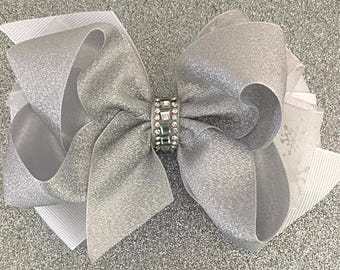 White and Silver Snowflake Hair Bow Winter Bow Silver Snowflake Bow Sparkly Snowflake Bow with Rhinestones