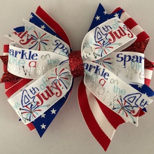Fourth of July Bow July 4th Bow Red White and Blue Bow Patriotic Red and Silver Bow Fireworks Bow Red and White Striped Bow with Blue Stars