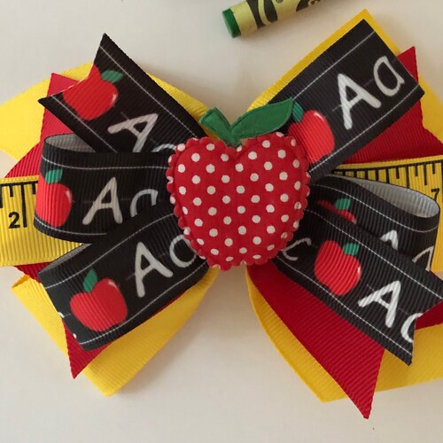 Back to School Bow Apple Bow With Ruler Ribbon ABC Apple Bow - Etsy