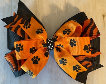Orange and Black Tiger Bow Orange and Black Paw Print Bow Bengals Bow Orange Tiger Bow with Paw Prints Bow with Tiger Stripes