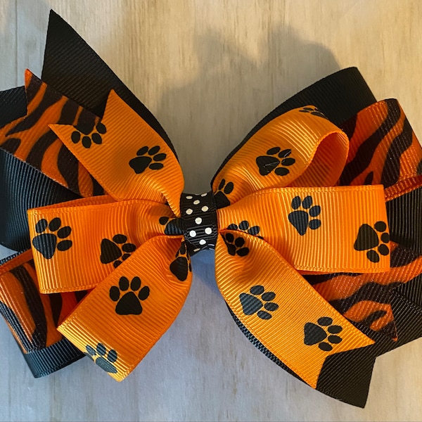 Orange and Black Tiger Bow Orange and Black Paw Print Bow Bengals Bow Orange Tiger Bow with Paw Prints Bow with Tiger Stripes