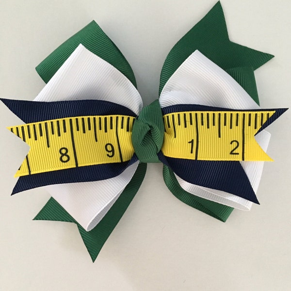 School Hair Bow, Back to School Bow, School Uniform Hair Bow, Hunter Green Bow, Yellow Ruler Ribbon Bow, Navy Green and White School Bow,