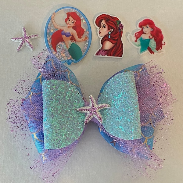 Shimmering Ariel Hair Bow with Ariel Choices for Centerpiece Little Mermaid Bow Sparkly Purple Mermaid Bow