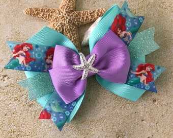 Little Mermaid Hair Bow Aqua Ariel Bow Glittery Aqua Mermaid Bow with Rhinestone Starfish Disney Princess Bow Sparkly Purple Ariel Bow