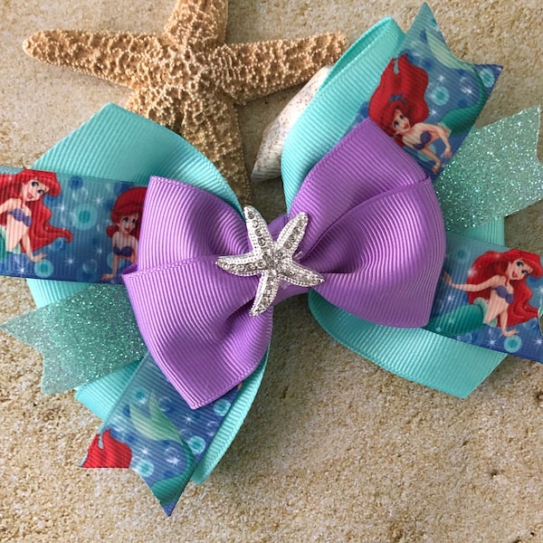 Little Mermaid Hair Bow Aqua Ariel Bow Glittery Aqua Mermaid Bow with Rhinestone Starfish Disney Princess Bow Sparkly Purple Ariel Bow