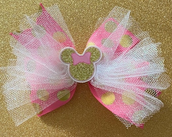 Pink and Gold Minnie Bow Pink and Gold Birthday Bow Disney Bow Sparkly Hot Pink and Gold Minnie Polka Dot Hair Bow Hot Pink Birthday Bow