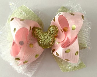 Gold and Pink Minnie Hair Bow Glittery Pink Minnie Bow with Sparkly Tulle Pink and Gold Polka Dot Minnie Bow Minnie Mouse Birthday Bow