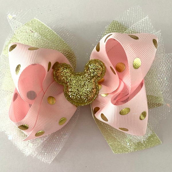 Gold and Pink Minnie Hair Bow Glittery Pink Minnie Bow with Sparkly Tulle Pink and Gold Polka Dot Minnie Bow Minnie Mouse Birthday Bow