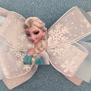 Frozen Hair Bow Elsa Hair Bow Frozen Bow with Sheer Snowflake Ribbon Ice Blue Sheer Bow Ice Blue Frozen Bow Silver Elsa Bow with Snowflakes