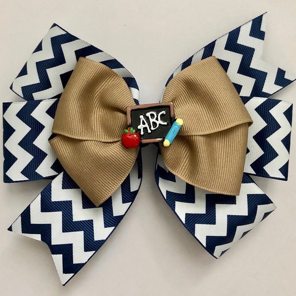 Back to School Bow Navy and Khaki School Bow Navy Checvron School Bow Navy and Tan School Bow with Chalkboard Center School Uniform Bow