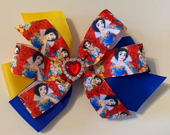 Beautiful Snow White Hair Bow with Heart Gem