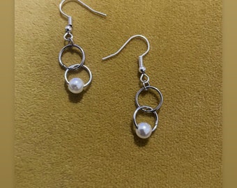 Handmade double hoop silver Pearl earrings