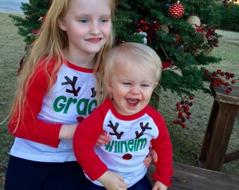 Reindeer Name raglan, personalized Christmas shirt, Baby Kids Christmas shirt