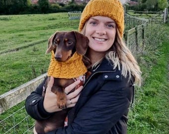 Matching Dog Snood and Walker's Hat Set, Hand-knitted Twinning Outfit