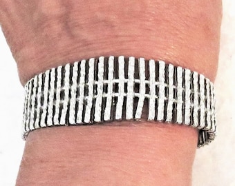 Stunning Cuff Bracelet Silver Brutalist Style  Fits Most 2 7/8" Across with Wide Opening Metal and is Bendable to Fit Size Your Wrist Size