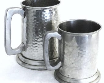 Pair of Hammered Pewter Mugs in Two sizes--5" x 4 1/4" and 4" x 3 1/2"Both have Glass Bottoms English Pewter Sheffield Parent and Child Mugs