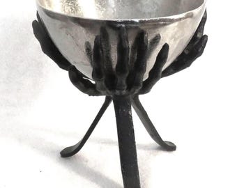 Halloween Candy Bowl Silver Metal Bowl Held Up By 3 Black Metal Skeleton Hands Spooky Eerie Halloween Decor for Party or giving Out Candy