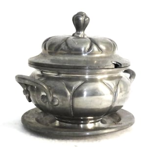 Norway Pewter Covered Tureen and Saucer Stand 5.5 x6&quot; Ecuelle (Tureen of One) For Sauces or Side Dishes or Candy an Almost Miniature Tureen