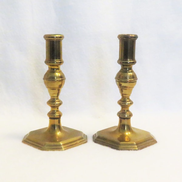 PAIR of 7" Tall Brass Candlesticks x 4" Diagonal on Octagonal Base Gently Used Brass Candlesticks Short Brass Candleholders Great Condition
