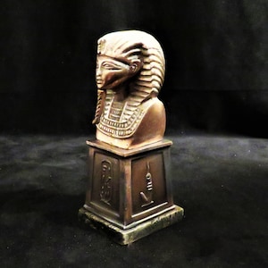Bronze or Copper Egyptian Pharaoh Bust Measures 6 3/4&quot; Tall Includes 3&quot; Base With Egyptian Hieroglyphic Designs on Sides Egyptian Statue