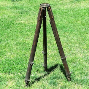 Antique Engineering Surveying Tripod With Brass Fittings Circa 1911 Young and Sons Metal 4 3/16&quot; Top Screw Mount Extends 34&quot; to 57&quot;