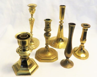Set of 6 Mismatched Brass Candlestick Holders Ranging from 6" to 8" Tall Brass Candlestick Collection Builder Good Condition
