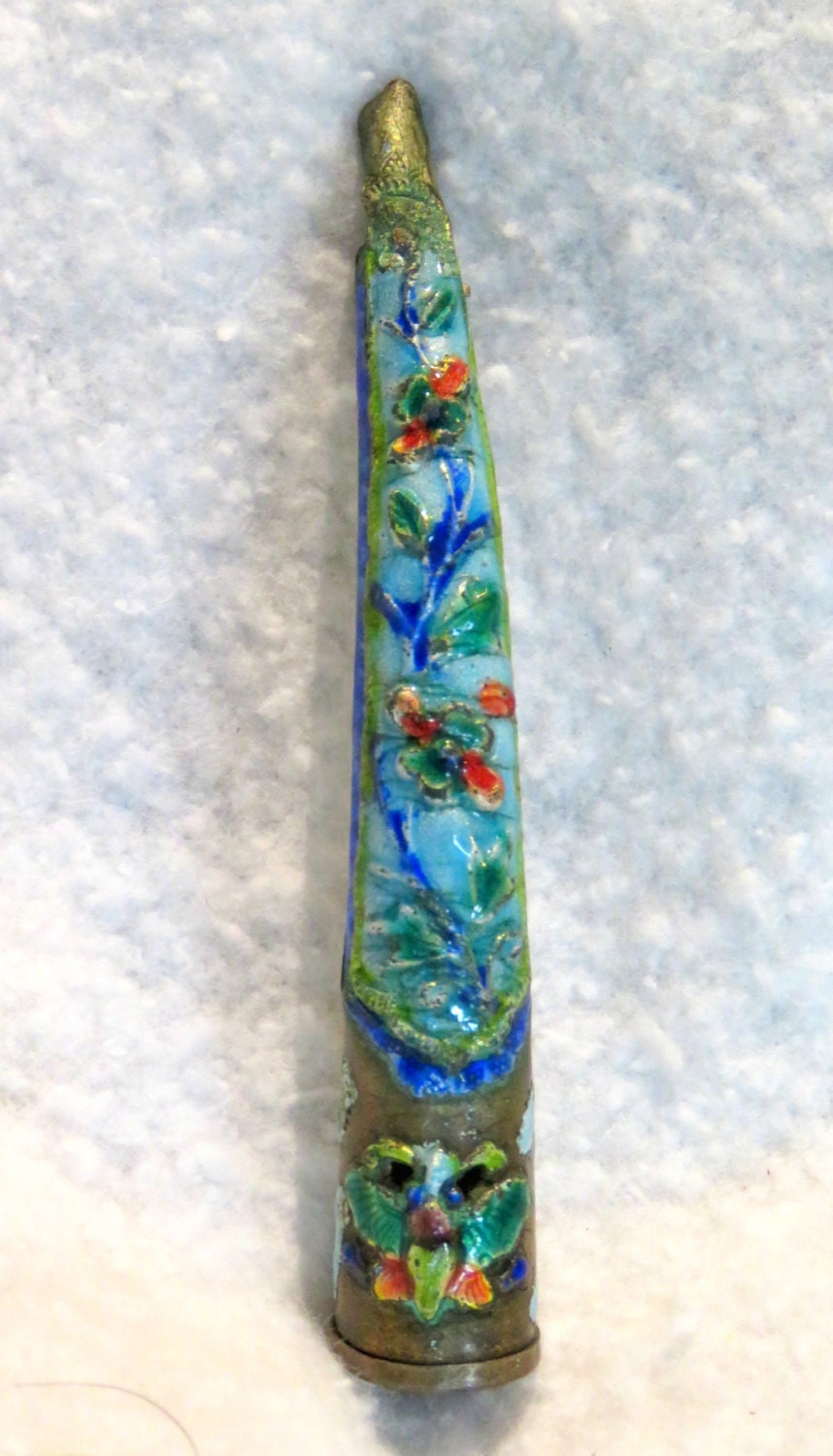 Chinese Fingernail Protector Brooch Antique Chinese Enamel Over Silver