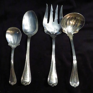 4 Piece Silverplate Serving Set 1847 Rogers XS Triple Serving Set Sugar Spoon Tablespoon Serving Fork Gravy Ladle Silverplate Serving Set