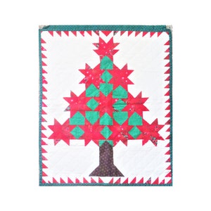 Handmade Christmas Tree Pieced Wall Quilt 34 x 40 Inches Machine Pieced Green Christmas Tree With Red Stars as Ornaments Hand Quilted