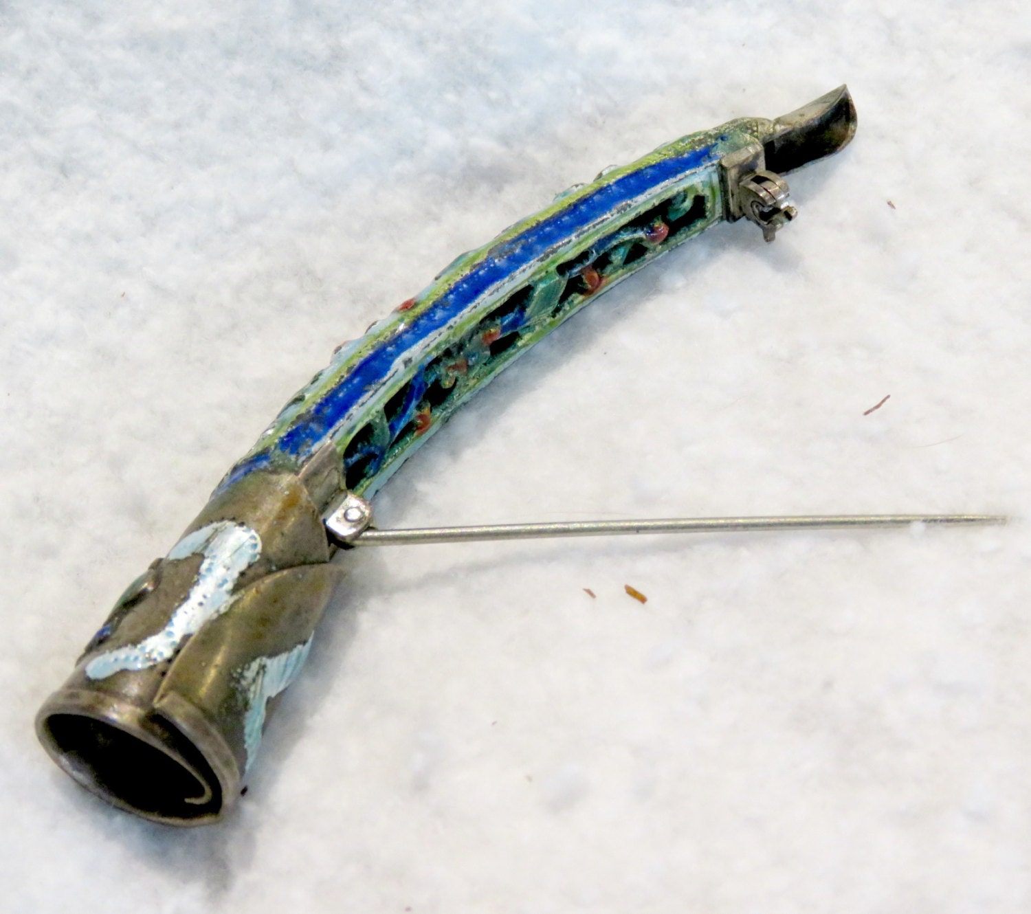 Chinese Fingernail Protector Brooch Antique Chinese Enamel Over Silver
