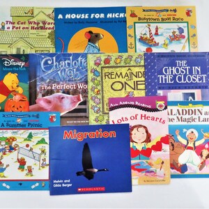 May include: A collection of ten children's books with colorful covers. The books feature various themes, including animals, a ghost, a summer picnic, and a boat race. The books are all in English.