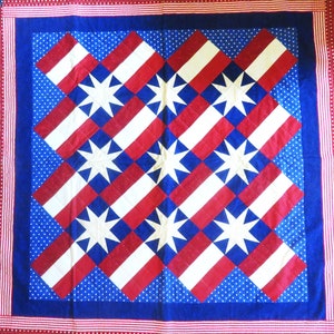Red White and Blue Stars and Stripes Quilted Wall Hanging or Throw Quilt 45&quot; Square Patriotic Americana Quilt July 4th Decor Hand Quilted!