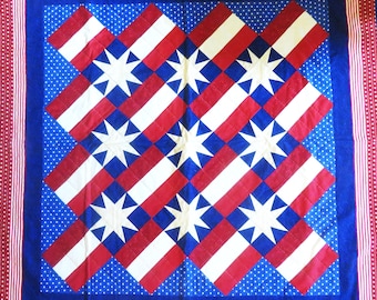 Red White and Blue Stars and Stripes Quilted Wall Hanging or Throw Quilt 45" Square Patriotic Americana Quilt July 4th Decor Hand Quilted!