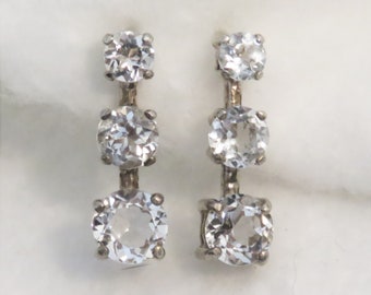 Silver and CZ or White Topaz Drop Earrings With 3 Stones Post Setting for Pierced Ears Gift For Woman or Girl Fine Quality Jewelry