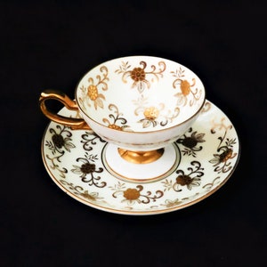 Beautiful Teacup and Saucer Set Gold and White Marked &quot;WAKO China Occupied Japan&quot; Smaller than Usual Teacup Measures 3&quot; and Saucer 5&quot; Across