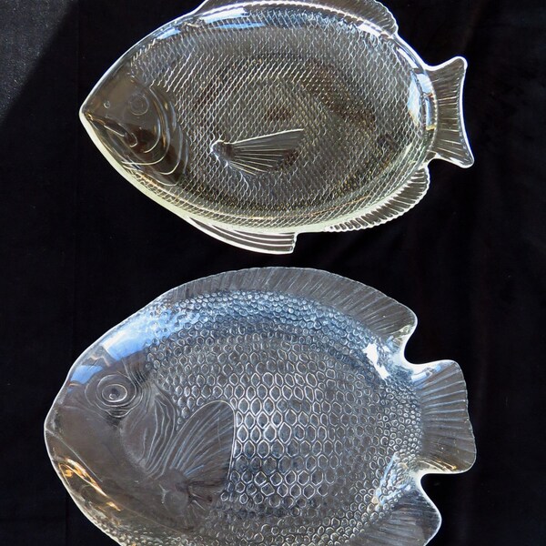 PAIR LARGE Glass Fish Platters, Two Vintage Fish Serving Dishes, Fish Grilling Platters, Oven Proof Fish Platters