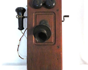 Kellogg Oak Antique Wall Telephone 20x16x13 Marked "Pat'd Nov 26 1901 Kellogg Chicago USA" With Crank, Mouthpiece, Earphone and Bells