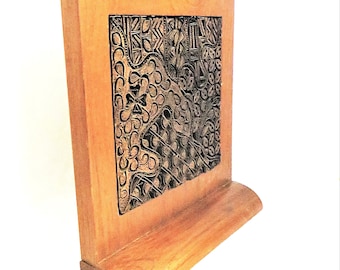 TJAP Copper Batik Stamp Encased in Wood Frame Measures 11"T x 9 1/2"W x3"D Batik Abstract Design Stamp Design Richly Textural for All Decors