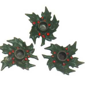 Set of 3 Cast Iron Holly Leaf and Berries Candleholders Painted Green and Red Holiday Table Candlestick Holders Christmas or Winter Decor